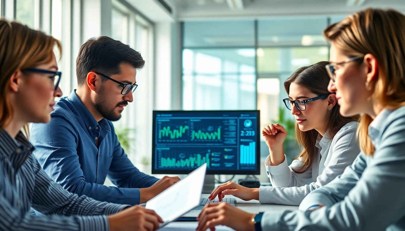 Analyzing competitive intelligence visually through professional teamwork and digital data displays.