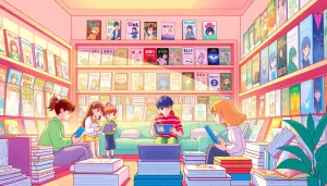 무료웹툰 다양한 장르의 웹툰이 있는 아늑한 도서관 풍경