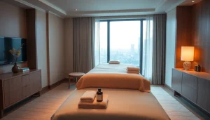 출장 massage setup in a luxury hotel room with soothing ambiance and essentials.