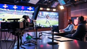 Engaging sports broadcasting discussion featuring modern equipment and dynamic graphics.