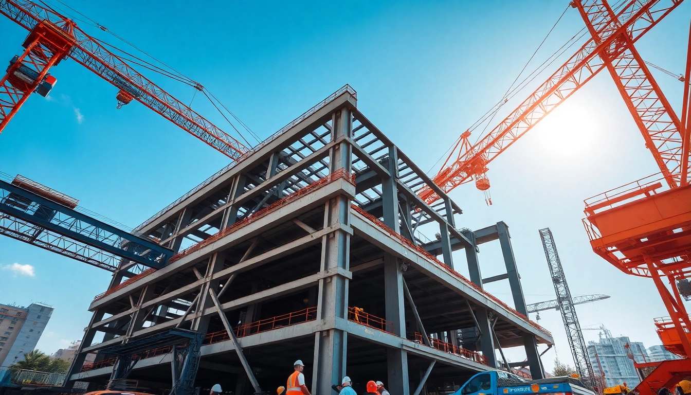 Structural steel construction process in action with cranes lifting beams and workers engaged.