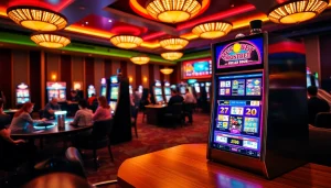 Mostbet reyler slot machine illuminated in a lively casino atmosphere, engaging players around.
