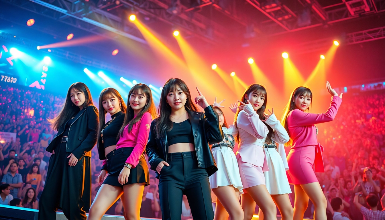 blackpink members performing energetically at a concert, surrounded by vibrant lights.