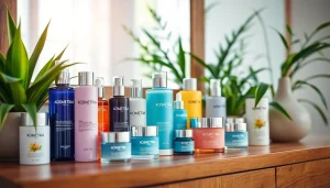 Kosmetika odos priežiūros produktai estetiškai rodomi ant medinio stalelio.