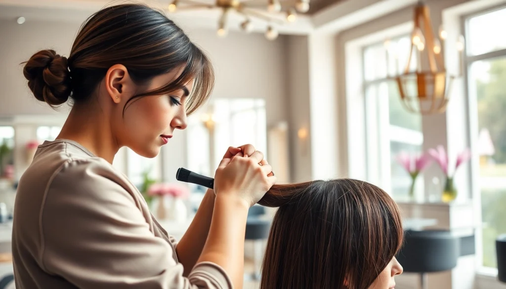 Expert hairstylist working at a coafor bucuresti, showcasing elegance and professionalism.