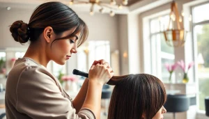 Expert hairstylist working at a coafor bucuresti, showcasing elegance and professionalism.