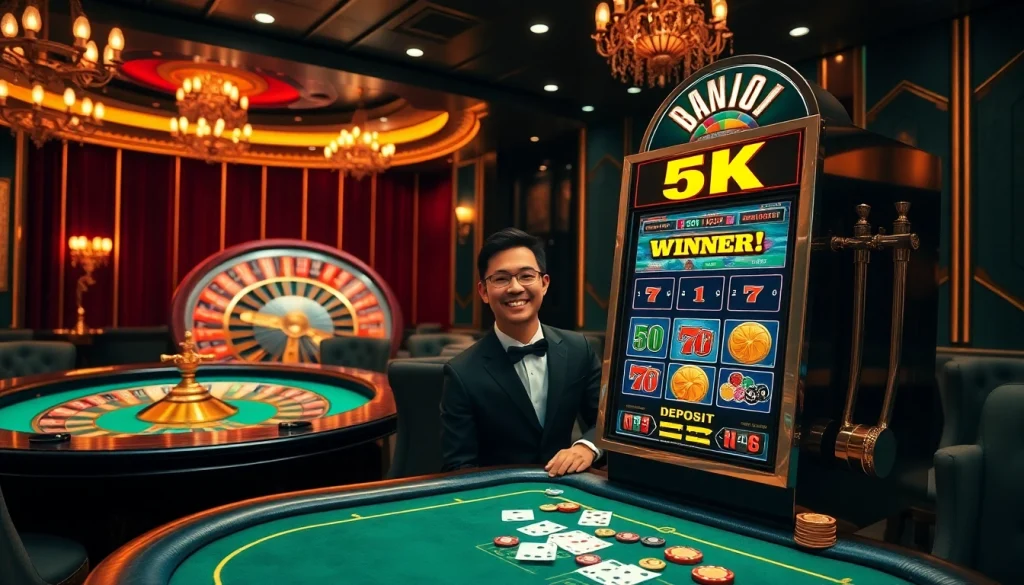 Exciting winning moment at a kasino with "situs deposit 5k" displayed alongside celebration chips and cards.