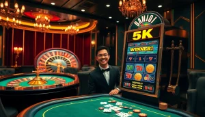 Exciting winning moment at a kasino with "situs deposit 5k" displayed alongside celebration chips and cards.