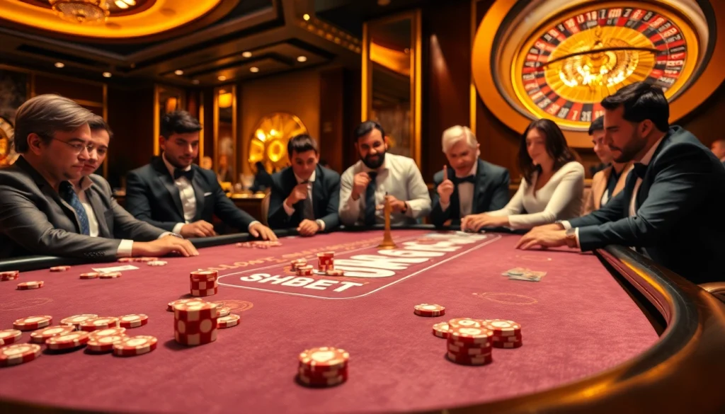 Experience thrilling gaming action at SHBET's luxurious casino tables with vibrant chips and cards.
