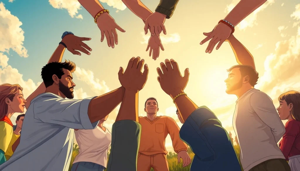 United individuals demonstrating Human Rights through solidarity and hope in a harmonious community scene.