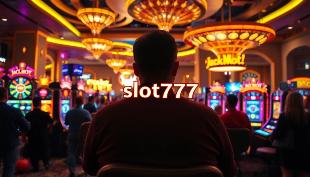 Experience the excitement of slot777 with vibrant slot machines and enthusiastic players in a luxury casino.