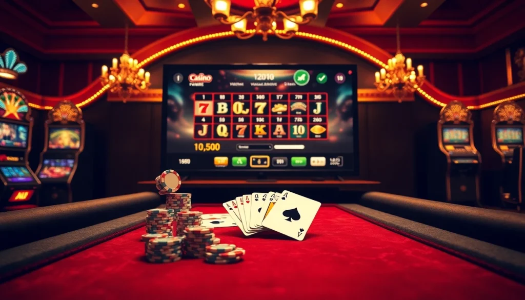 Une scène vibrante mettant en avant des éléments de jeu en ligne comme des jetons de poker et des roues de roulette, mettant en lumière le casino en ligne France.