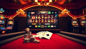 Une scène vibrante mettant en avant des éléments de jeu en ligne comme des jetons de poker et des roues de roulette, mettant en lumière le casino en ligne France.