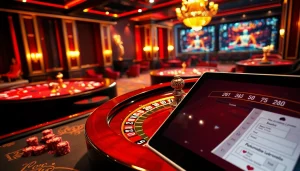 Scène de casino en ligne France présentant des tables vibrantes, de la roulette et des interfaces numériques engageantes.