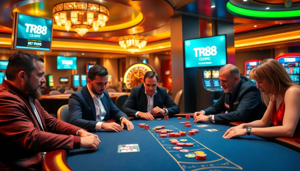 Players enjoying a thrilling poker game at TR88 Casino with vibrant decor and engaging atmosphere.