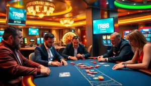Players enjoying a thrilling poker game at TR88 Casino with vibrant decor and engaging atmosphere.