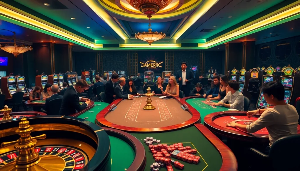 Gameplay passionnant au casino en ligne France avec des joueurs s'engageant à une table de roulette et des machines à sous.