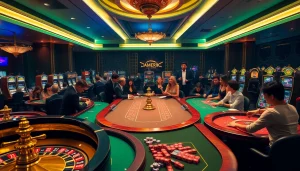 Gameplay passionnant au casino en ligne France avec des joueurs s'engageant à une table de roulette et des machines à sous.