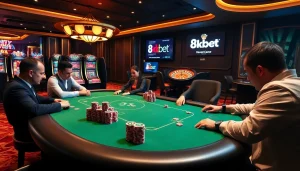 Experience the thrill of betting at the 8kbet poker table with professional players immersed in action.