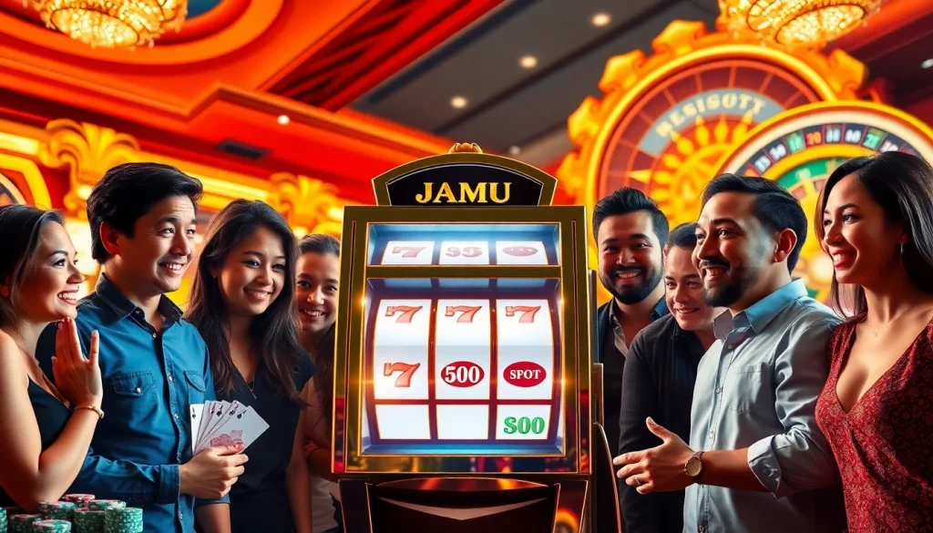 Players engaging with the JAMU SLOT machine in a luxurious casino setting filled with excitement and winning opportunities.