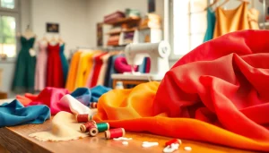 Stof voor jurk kopen met diverse texturen en kleuren in een naaiatelier.