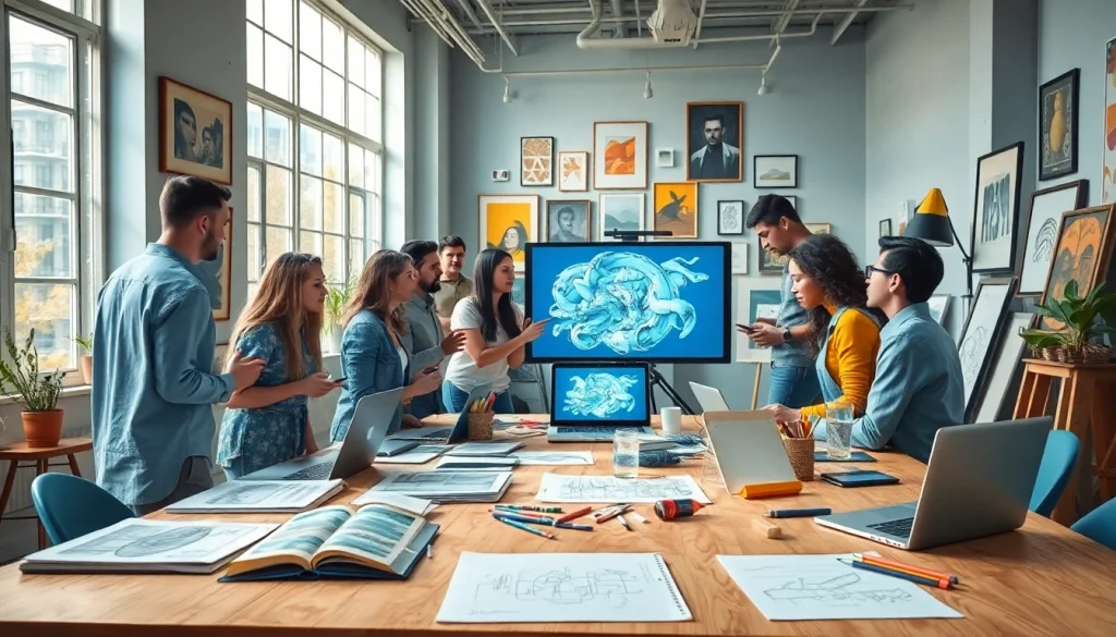 This creative studio scene showcases artists innovating with image to prompt ai technology, highlighting collaboration and creativity.