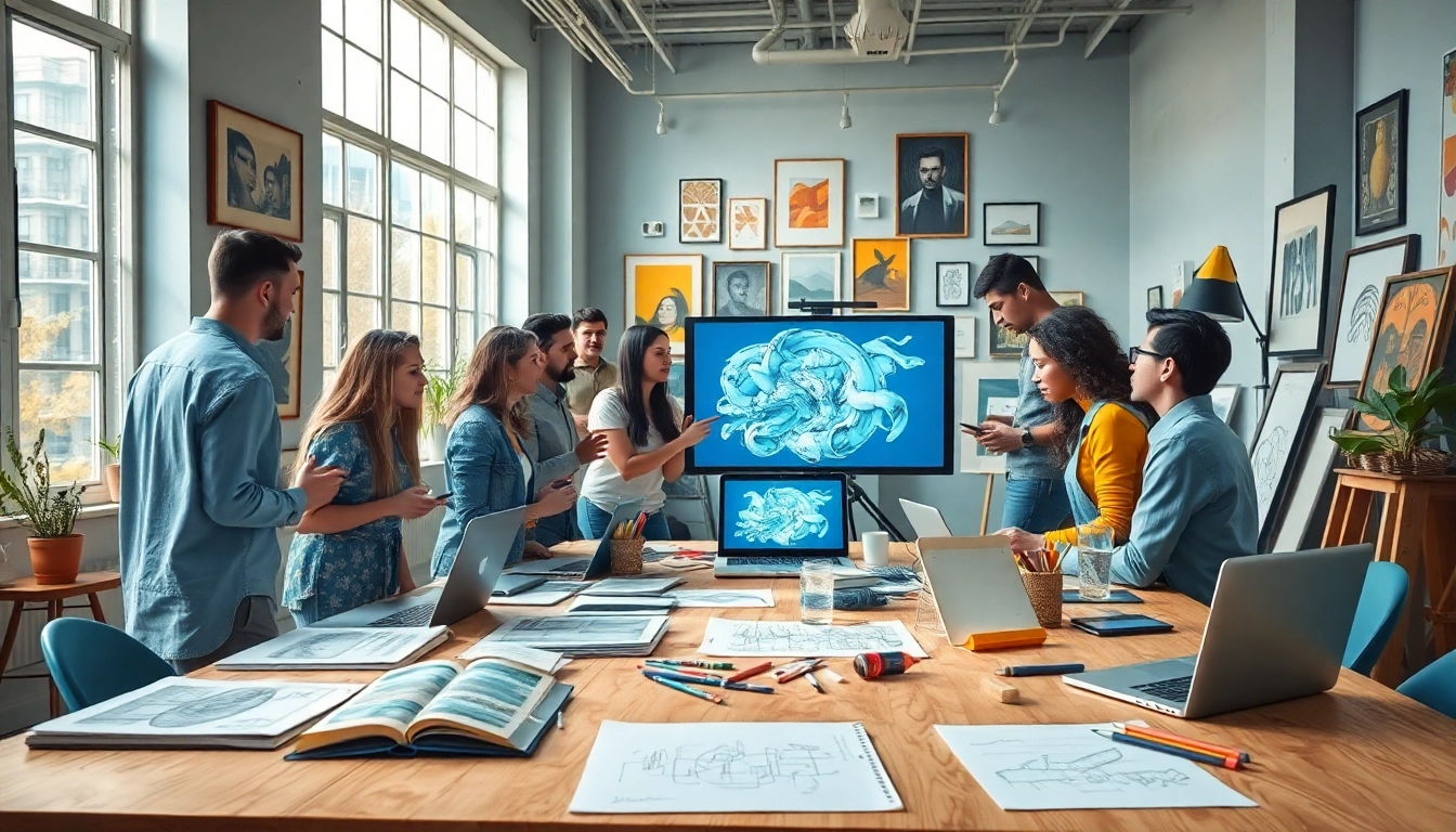 This creative studio scene showcases artists innovating with image to prompt ai technology, highlighting collaboration and creativity.