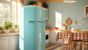 Retro Appliance refrigerator in a cozy, vintage kitchen setting with soft lighting and pastel colors.