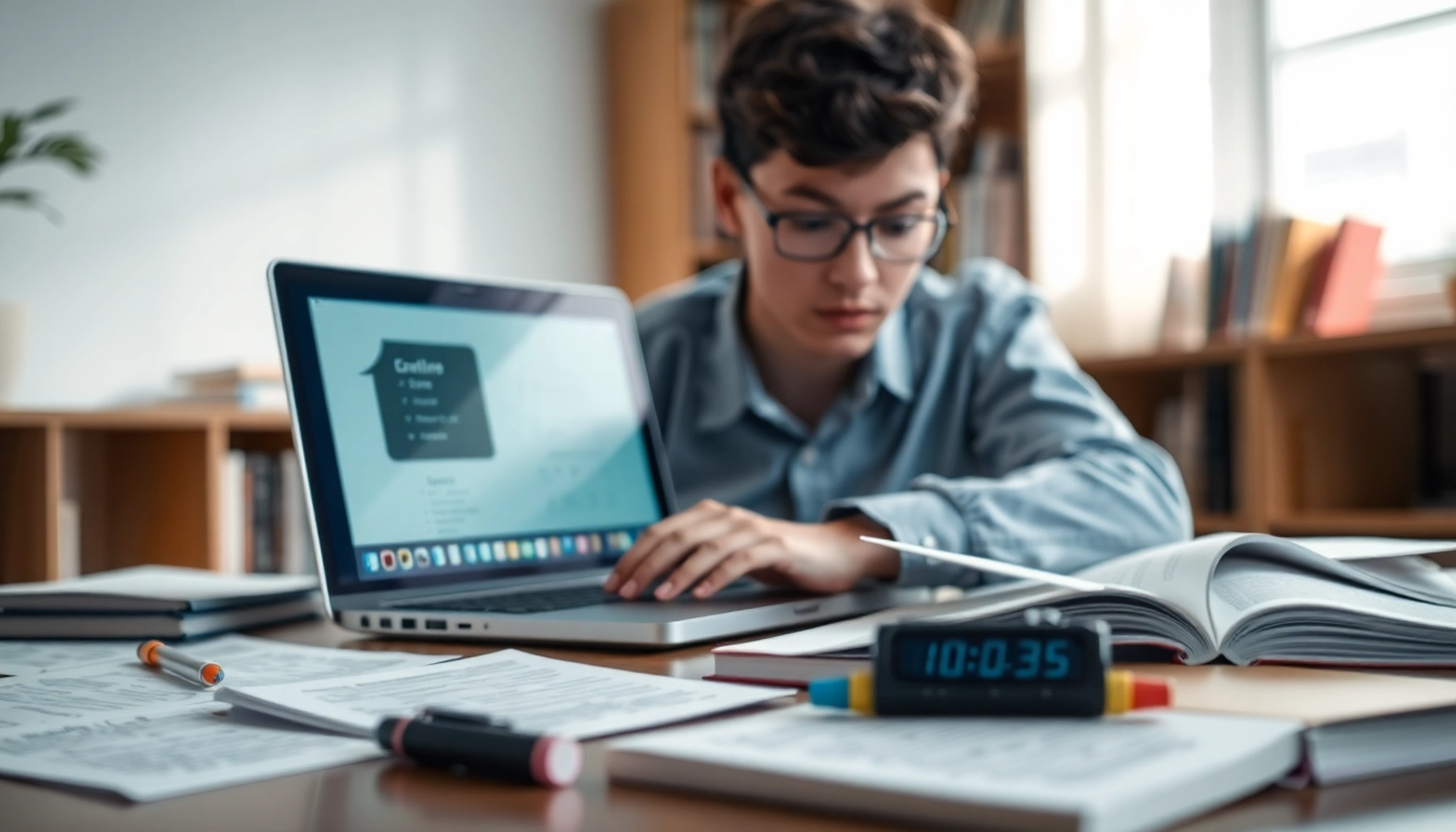 Online exams help with focused student studying in a calm home environment.