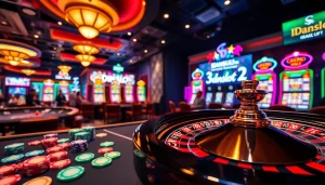 Witness the thrilling atmosphere of idnslot with vibrant slot machines and a roulette wheel spinning.