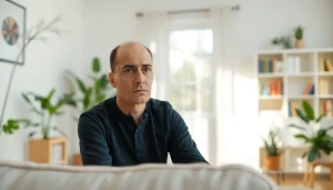 Anxiety symptoms portrayed through a person’s concerned expression in a calming therapy room.