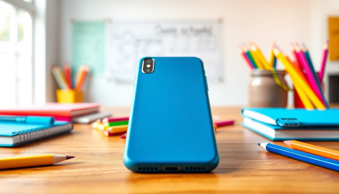 Stylish Handytasche Schule on a desk surrounded by school supplies, perfect for students.