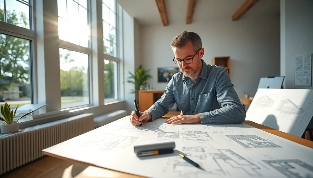 Showcases custom residential architecture services with an architect at work in a bright office.