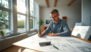 Showcases custom residential architecture services with an architect at work in a bright office.