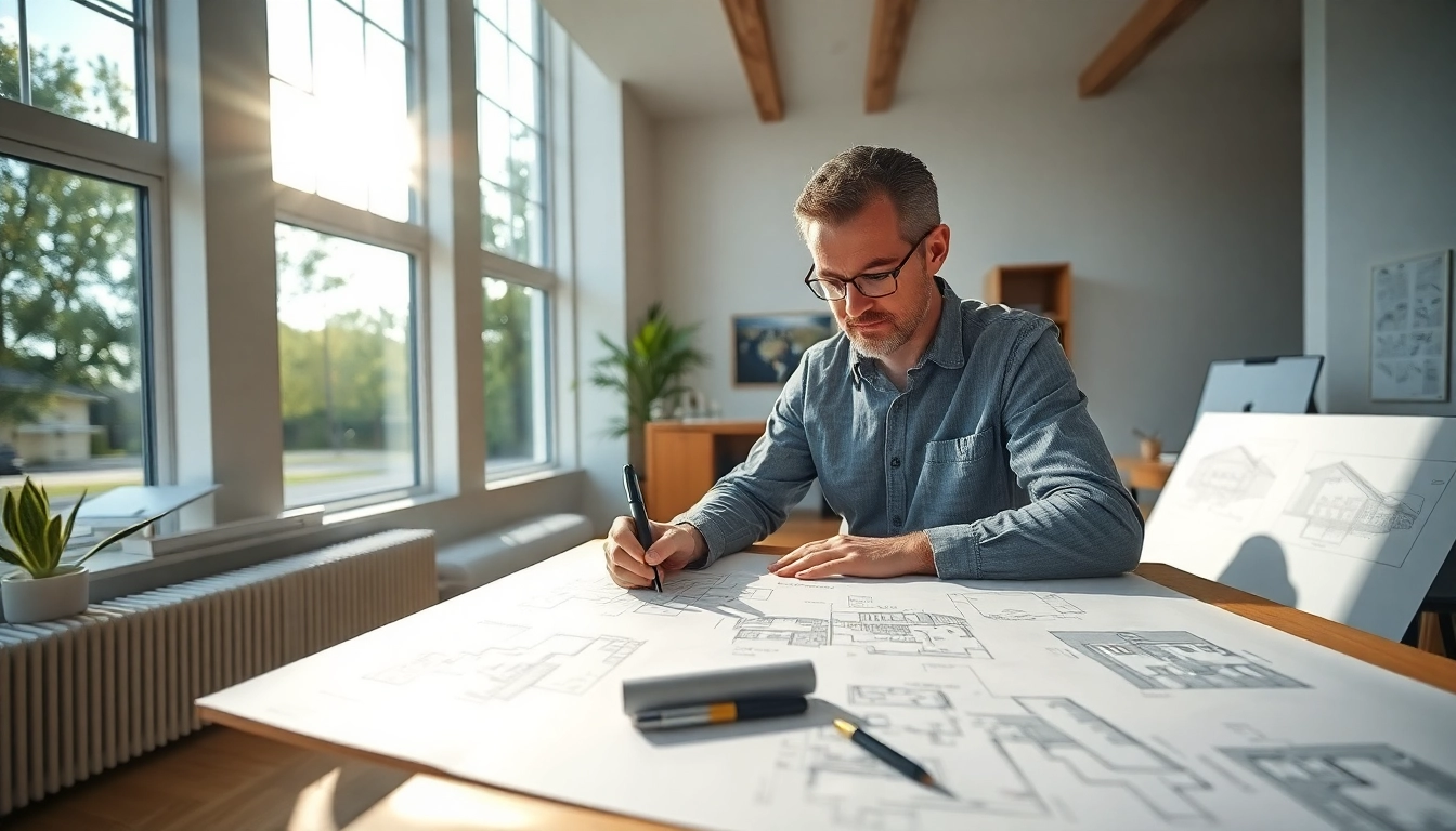Showcases custom residential architecture services with an architect at work in a bright office.