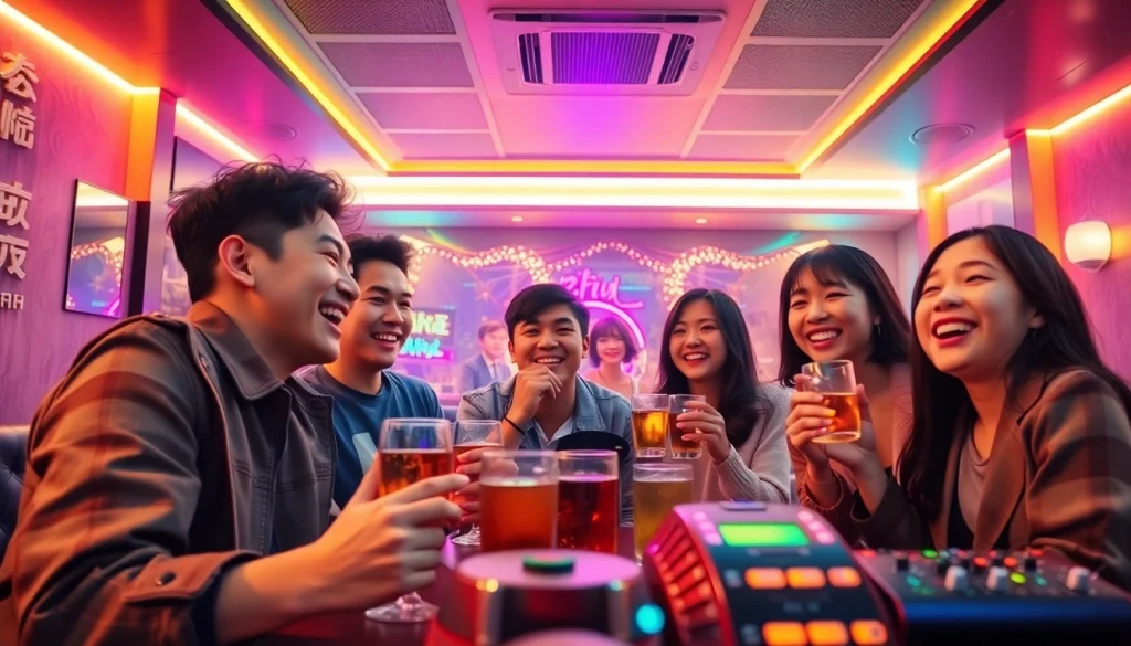 친구들과 함께 생기 넘치는 제주도유흥 나이트라이프를 경험하는 활기찬 노래방에서의 모습.