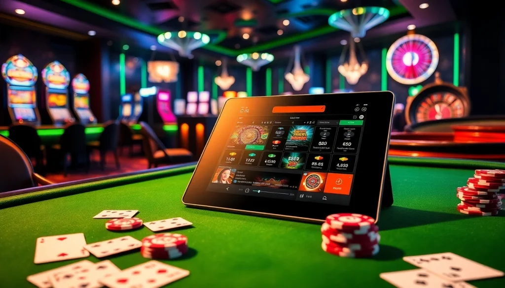 Scène dynamique de casino en ligne France mettant en avant une tablette luxueuse sur une table de casino avec des cartes et des jetons.