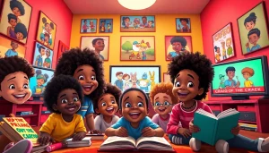 Children enjoying African American cartoons in a colorful, vibrant setting