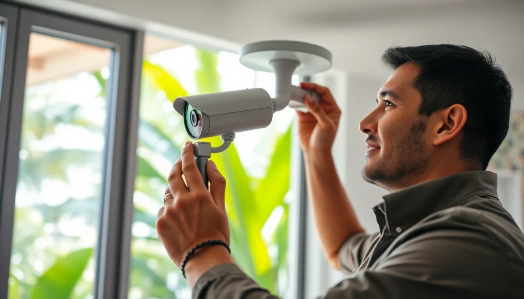 Técnico de seguridad instalando cámaras de vigilancia profesionales para una empresa de seguridad en Costa Rica.