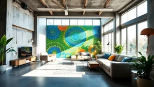 Zachwycający mural przekształcający nowoczesny salon, prezentujący żywe kolory i artystyczny design.