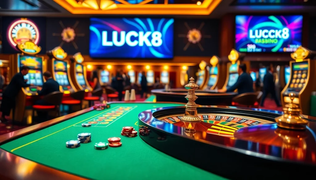 Exciting LUCK8 casino scene with poker chips, roulette wheel, and slot machines in action.