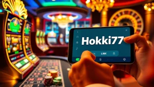Exciting online casino scene depicting the Hoki77 link featuring slot machines, poker chips, and a roulette wheel.