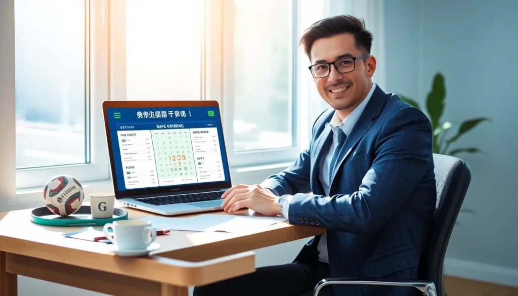 Engaging scene featuring 슈어맨 representative verifying online gambling safety with statistics and certificates.