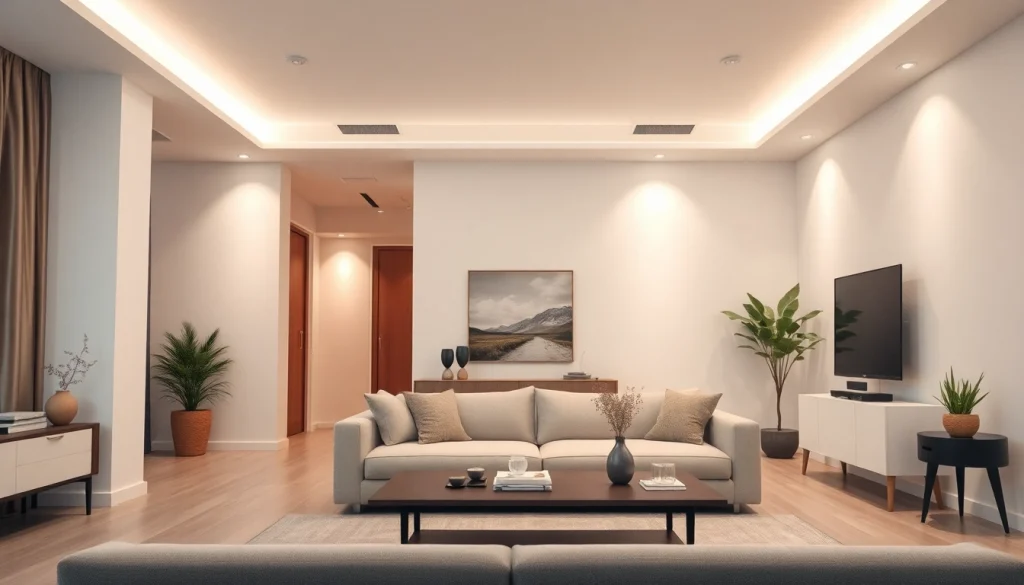 Sleek Illumination illuminating a modern living room with stylish decor and warm ambience.