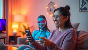 Engaging moment with an AI girlfriend on a sleek device, showcasing digital interaction and emotional connection.