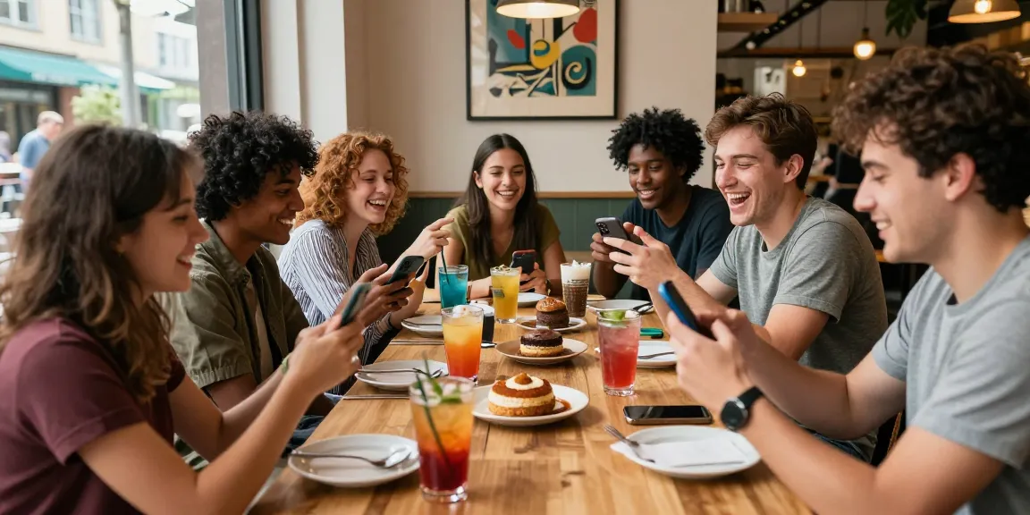Friends playing smash or pass game in lively café with colorful drinks.