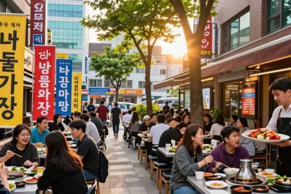 Visitors enjoying traditional dishes at 상봉동 한국관 in a lively urban setting
