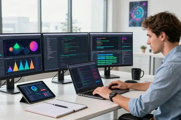 LLG link indexing showcased in a vibrant software development workspace with a focused developer working on multiple screens and tools.