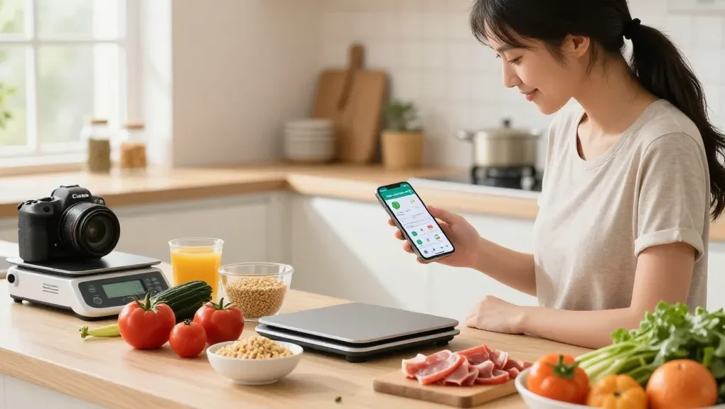 Discovering the best calorie tracker while meal prepping with AI technology in a modern kitchen.