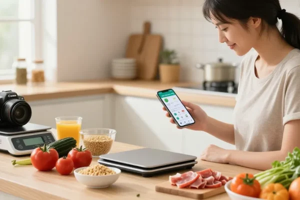 Discovering the best calorie tracker while meal prepping with AI technology in a modern kitchen.